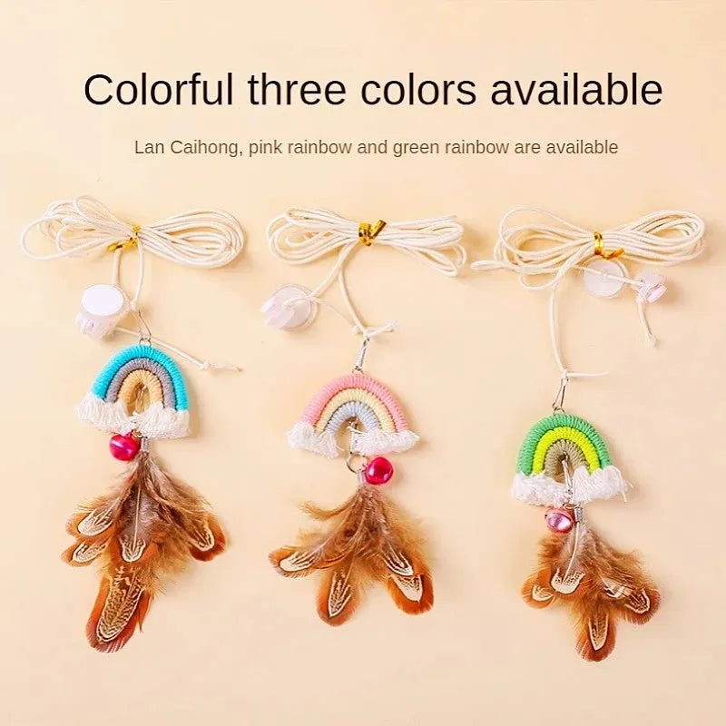 Feather cat rope door swing toy with elastic cord and sticky buckle clamp in blue, green and pink colours