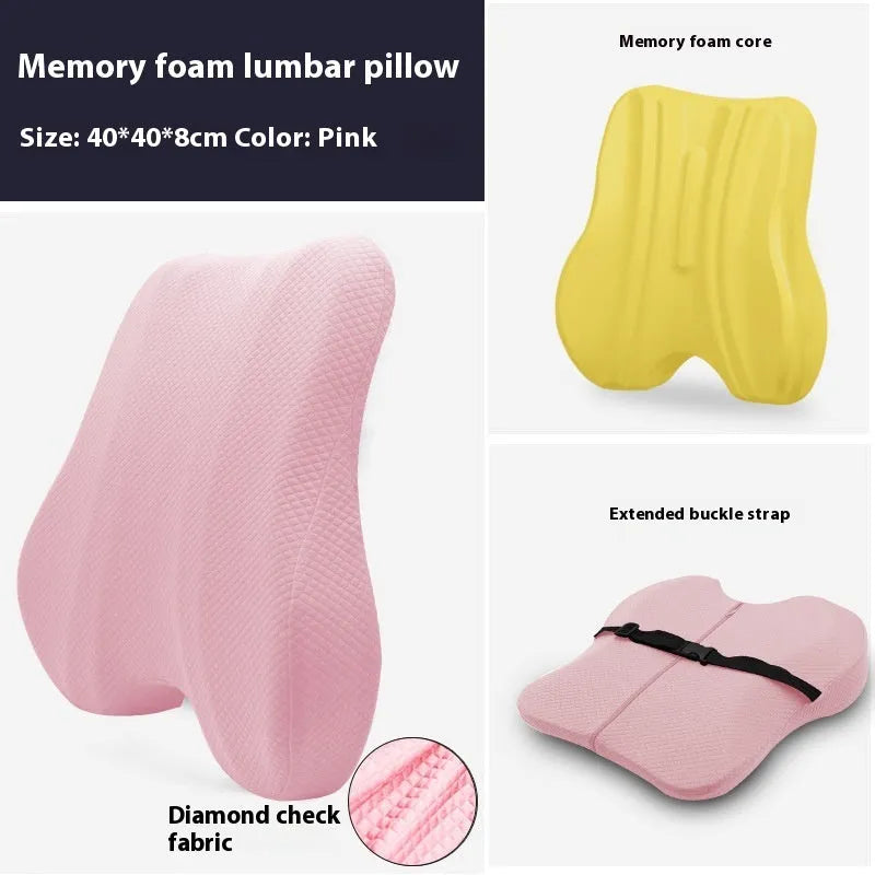 Office chair lumbar support cushion in grey, pink, or navy blue measuring 40cm x 40cm x 8cm