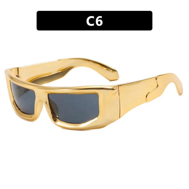 Futuristic sunshade sun glasses with AC lens and PC frame in silver frame with white mercury lenses box style