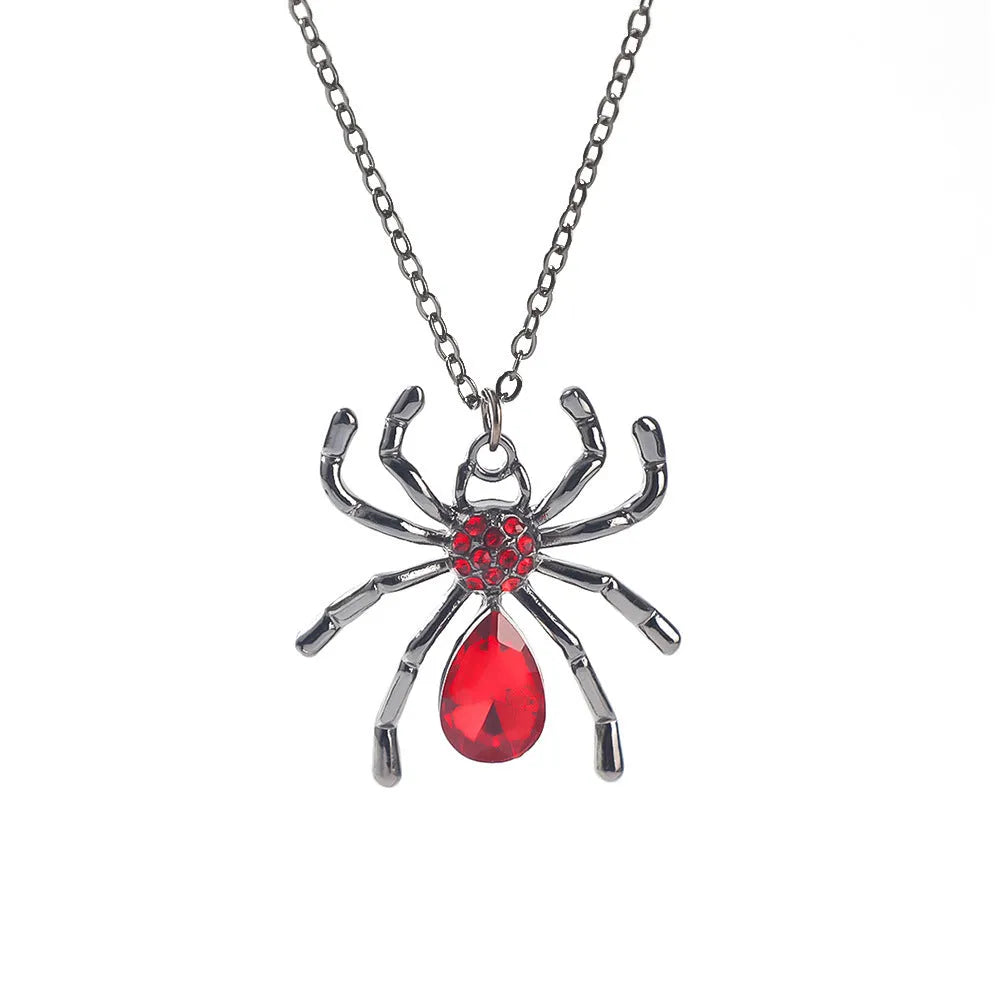 Dark style Halloween necklace with spider and bat pendant designs in electroplated zinc alloy