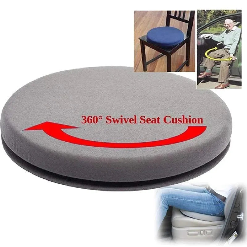 Car seat cushion with grey plush cloth cover, shown rotating on a car seat, highlighting its non-slip base.