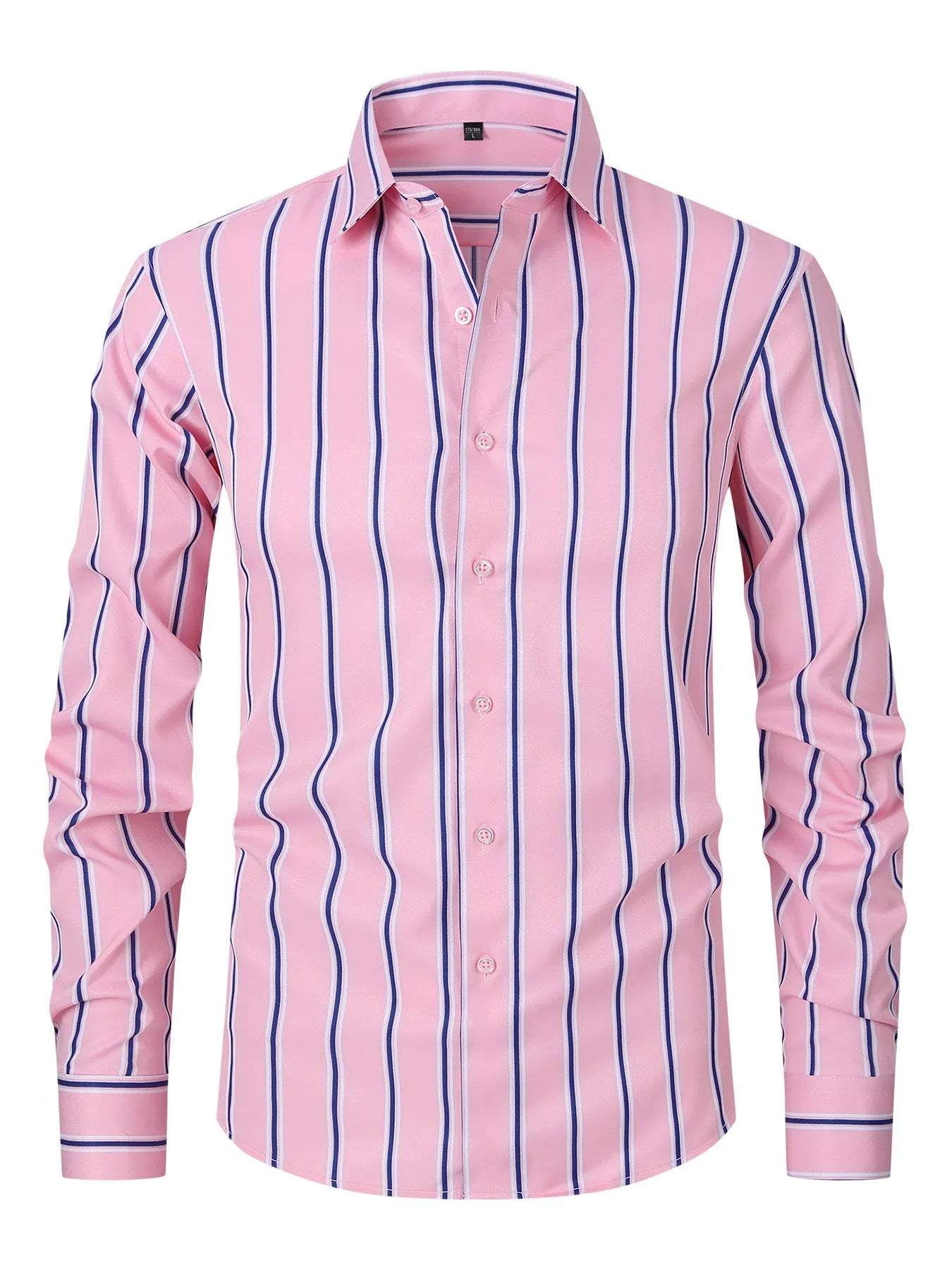 Men's slim fit striped long sleeve business shirt in ice silk polyester blend fabric