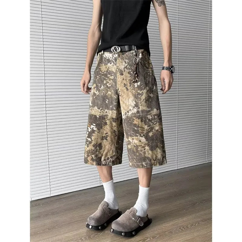 Yellow snake pattern camouflage cropped jeans in cotton denim fabric showing tooling design detail
