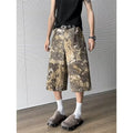 Yellow snake pattern camouflage cropped jeans in cotton denim fabric showing tooling design detail
