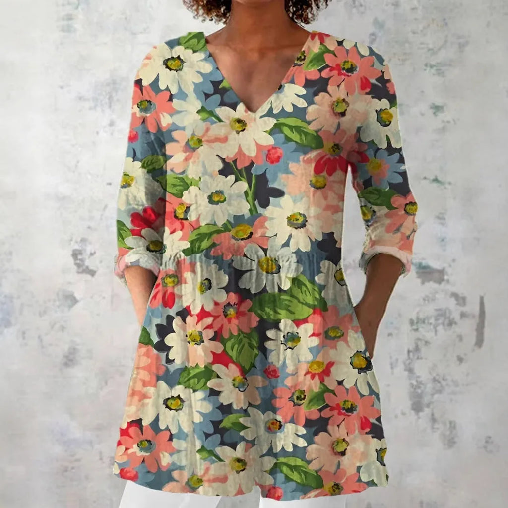 Women's retro-style slim fit long-sleeved top with a digital print pattern, shown on a hanger.