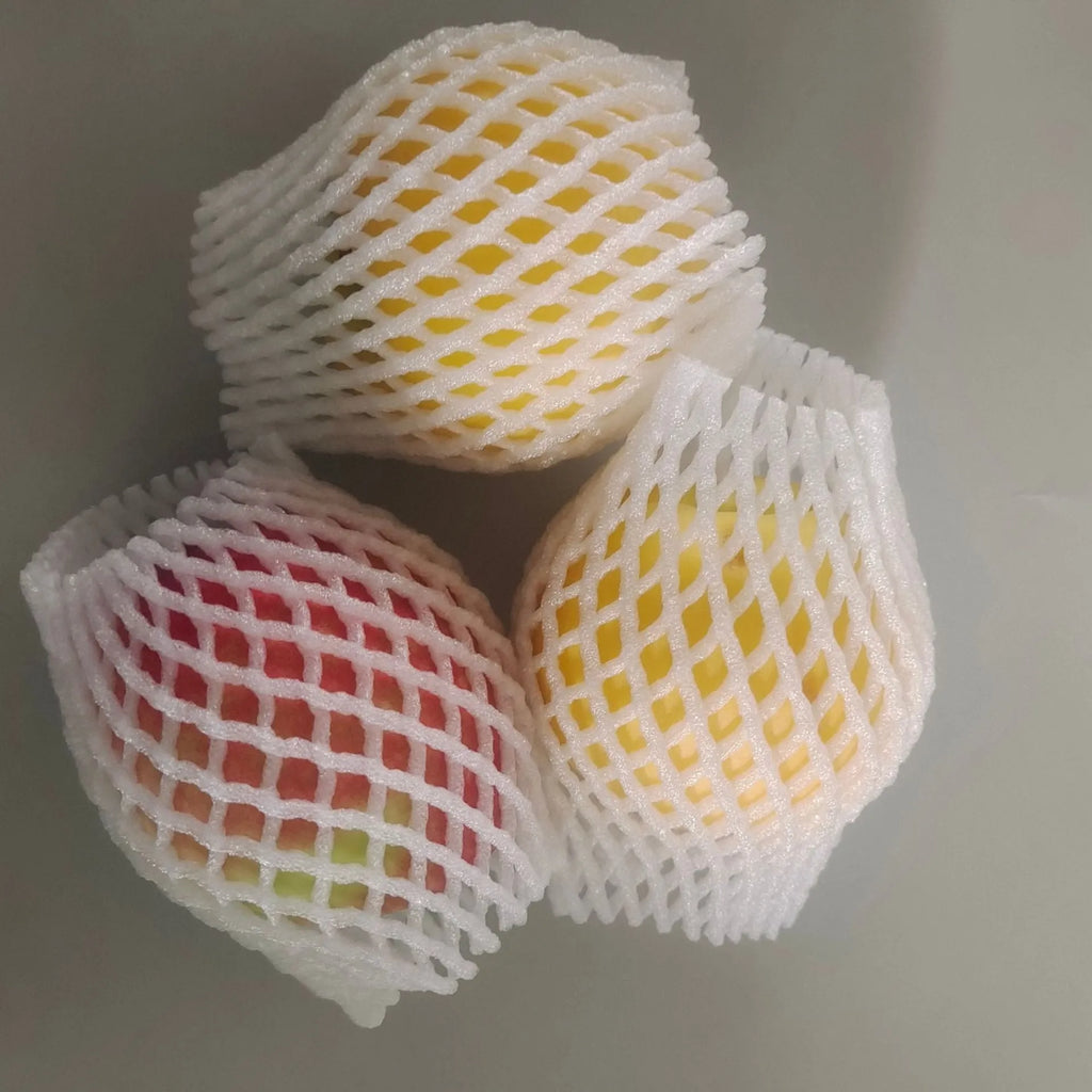 White foam net protective cover for colourful fruit cases available in multiple sizes