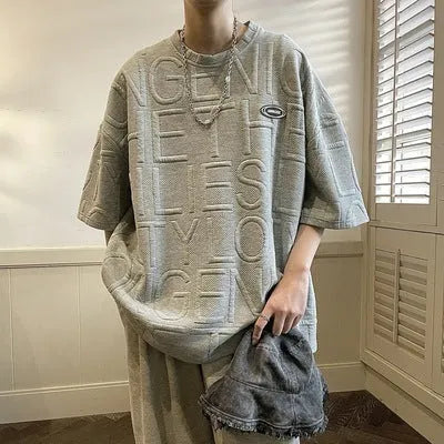 Men's grey T-shirt with three-dimensional white letter print, loose fit short sleeves