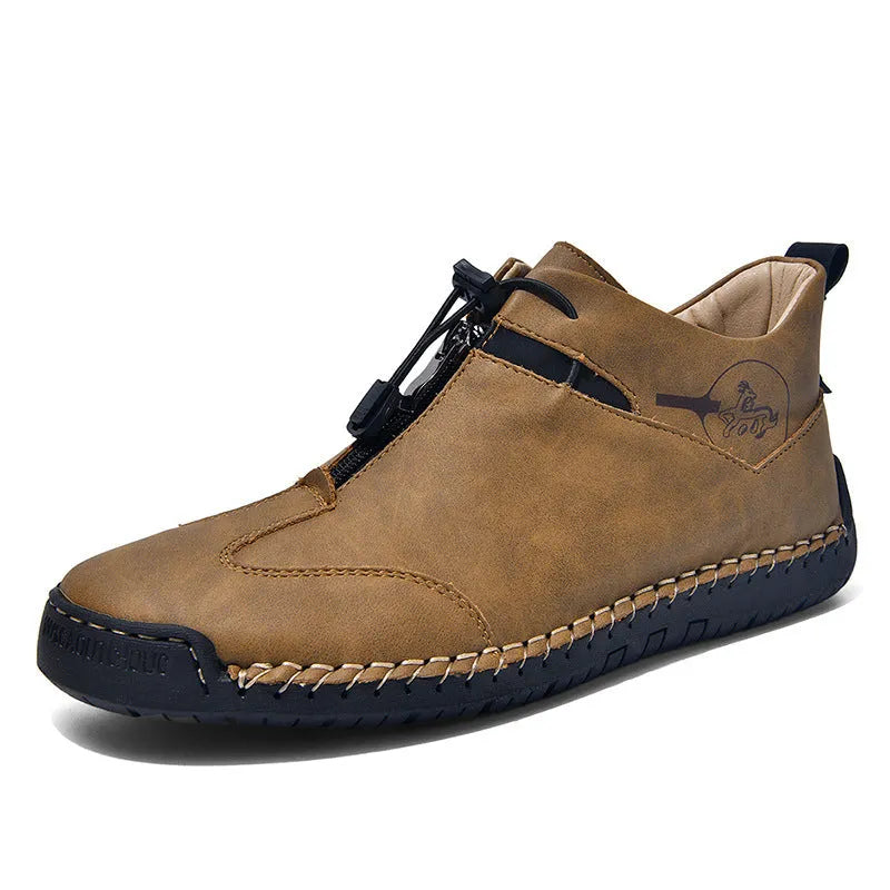 Men's black casual leather shoes with round toe and mid heel on a rubber sole