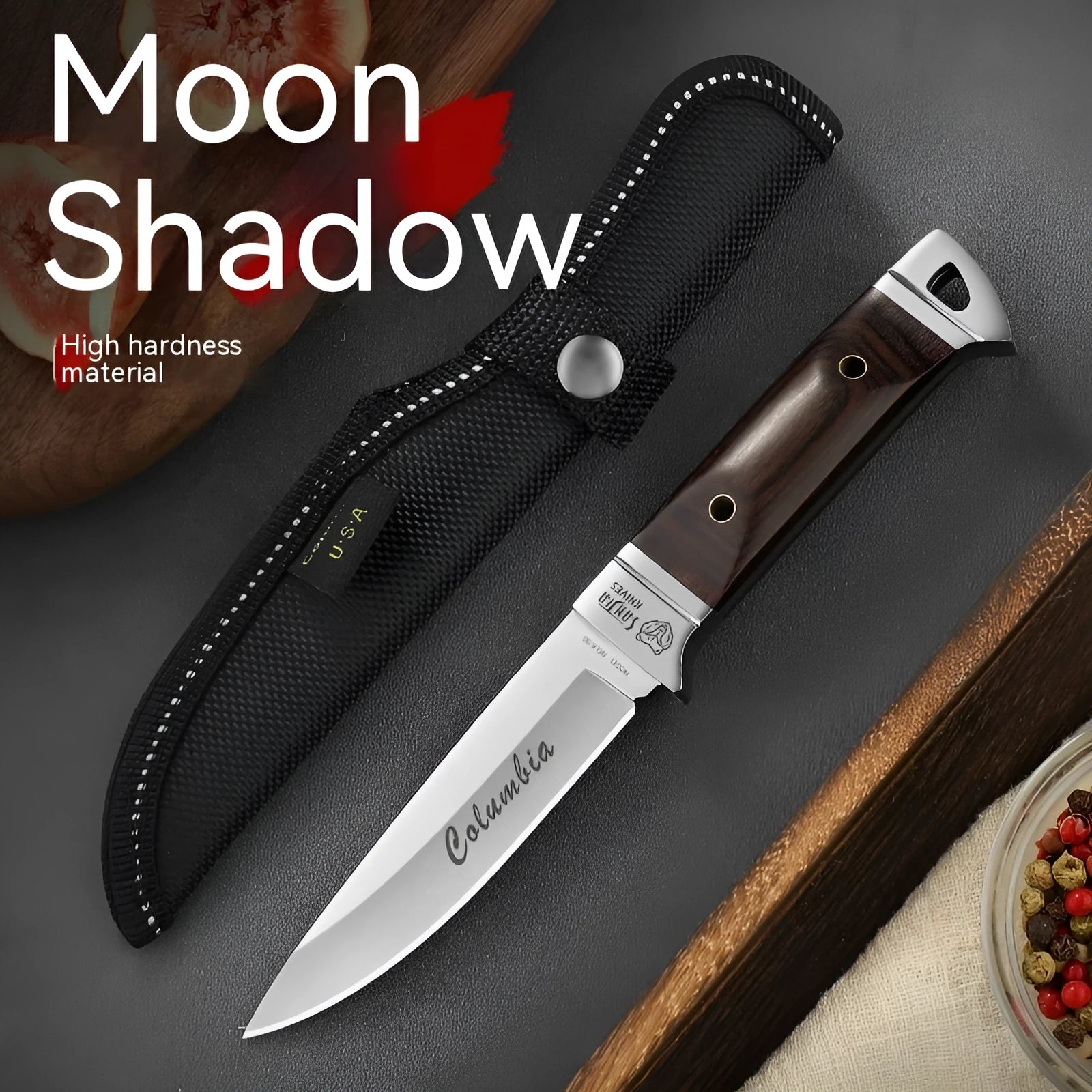 Camping portable fruit knife with stainless steel blade in leather case