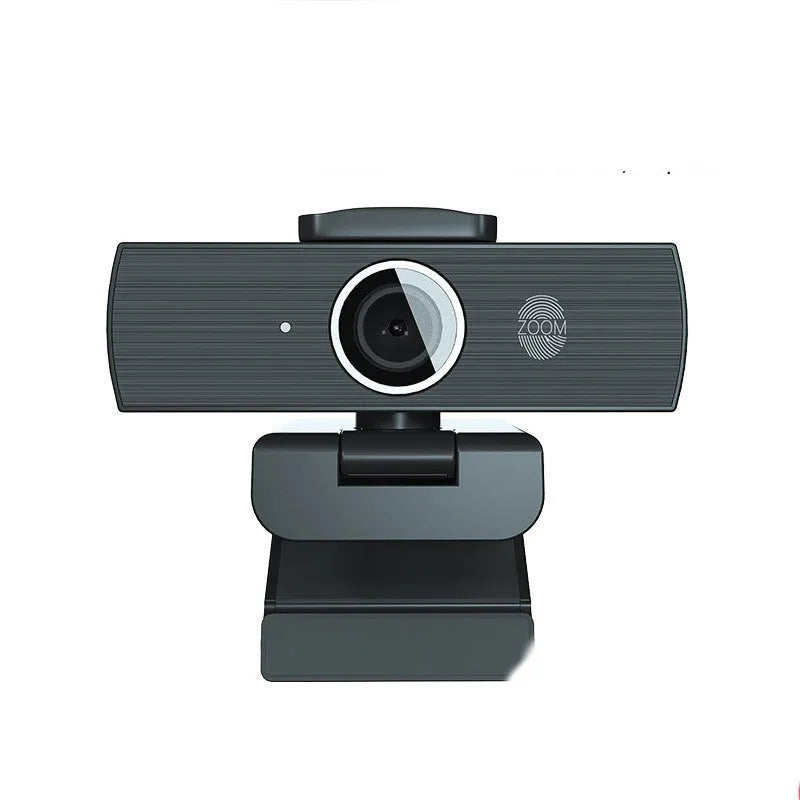 Black 8MP USB webcam with auto focus and a magnetic privacy cover on a desktop monitor.