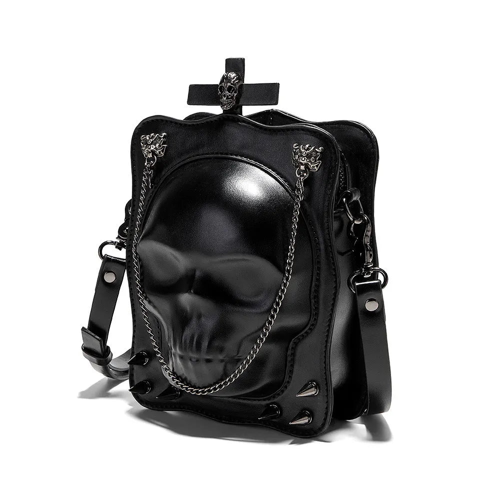 Black Gothic mini square messenger bag with embossed skull design, metal rivets, and a chain strap.
