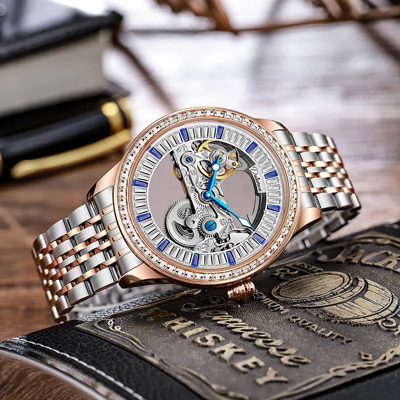 Men's rose gold stainless steel mechanical watch with business dial and onion crown.