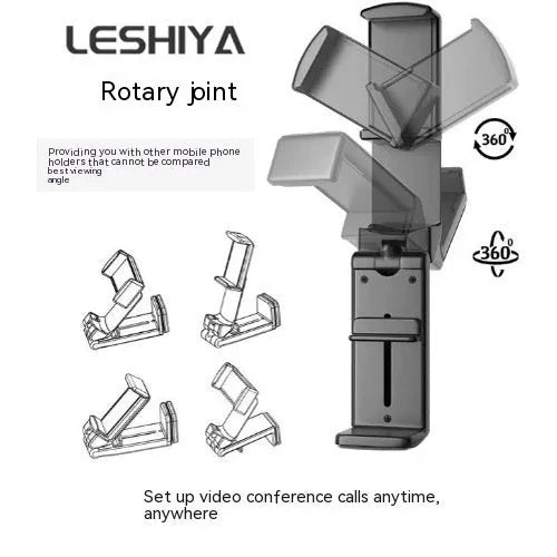 Universal foldable rotating phone holder in black, shown holding a smartphone in landscape orientation.