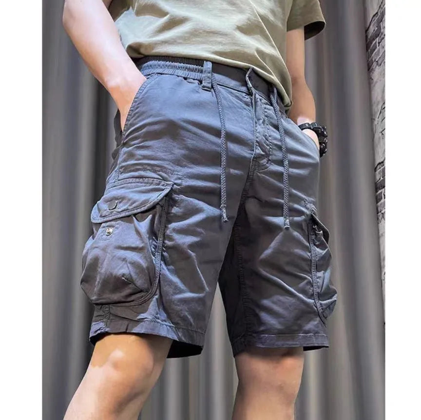 Loose straight Korean-style overalls pants with multiple pockets in black, grey, green, or khaki colours