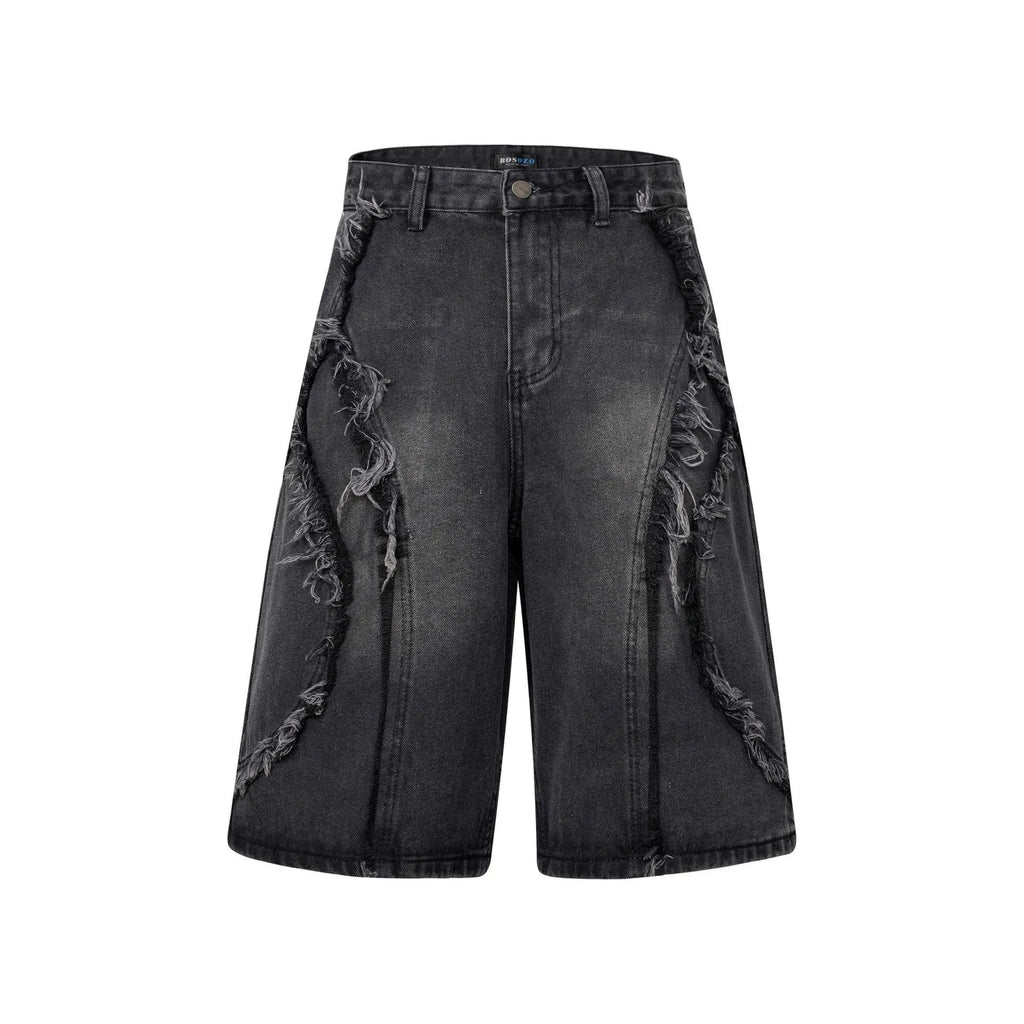 Men's distressed light blue denim shorts with raw edge hem and straight leg cut on a plain background.