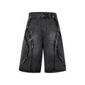 Men's distressed light blue denim shorts with raw edge hem and straight leg cut on a plain background.