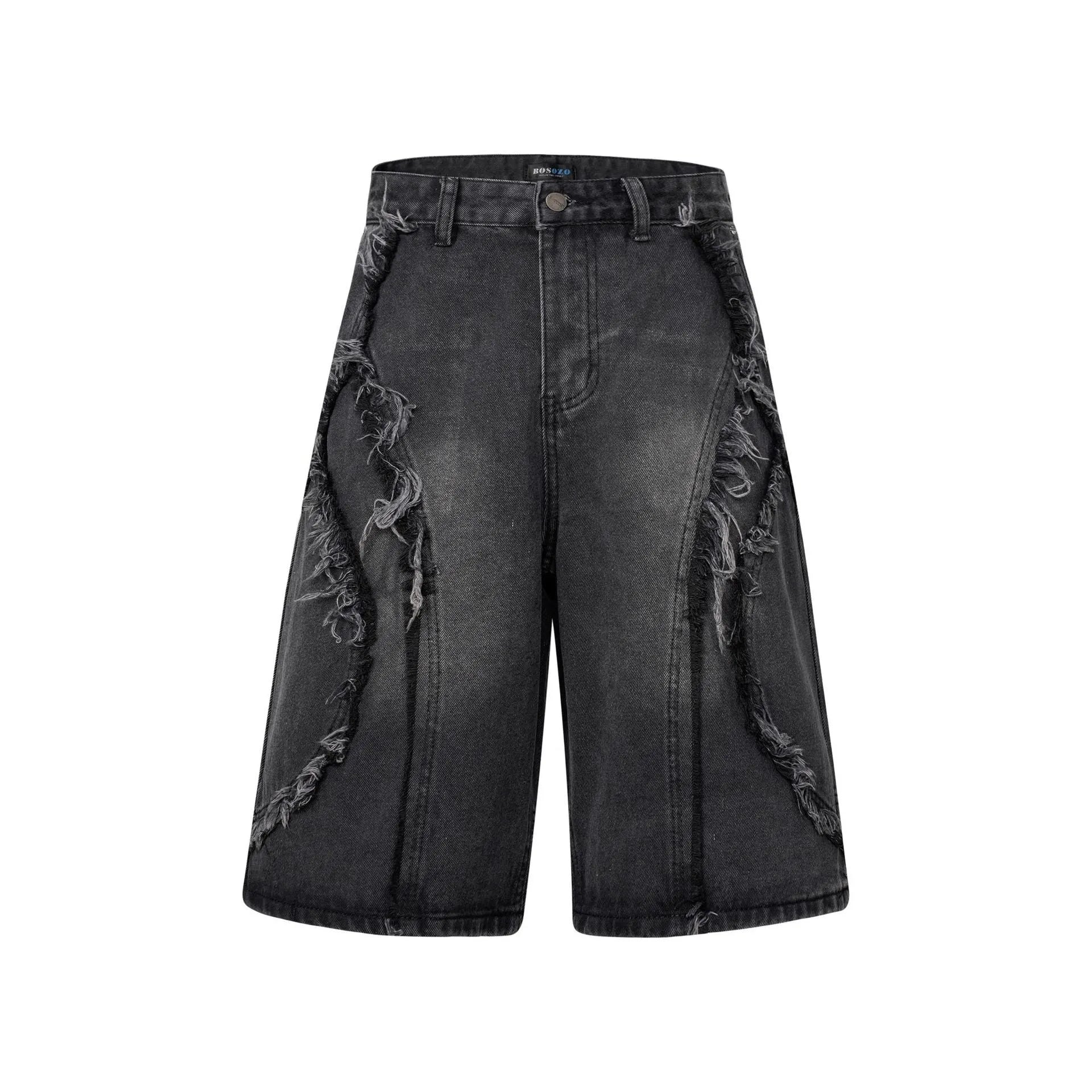 Men's distressed light blue denim shorts with raw edge hem and straight leg cut on a plain background.