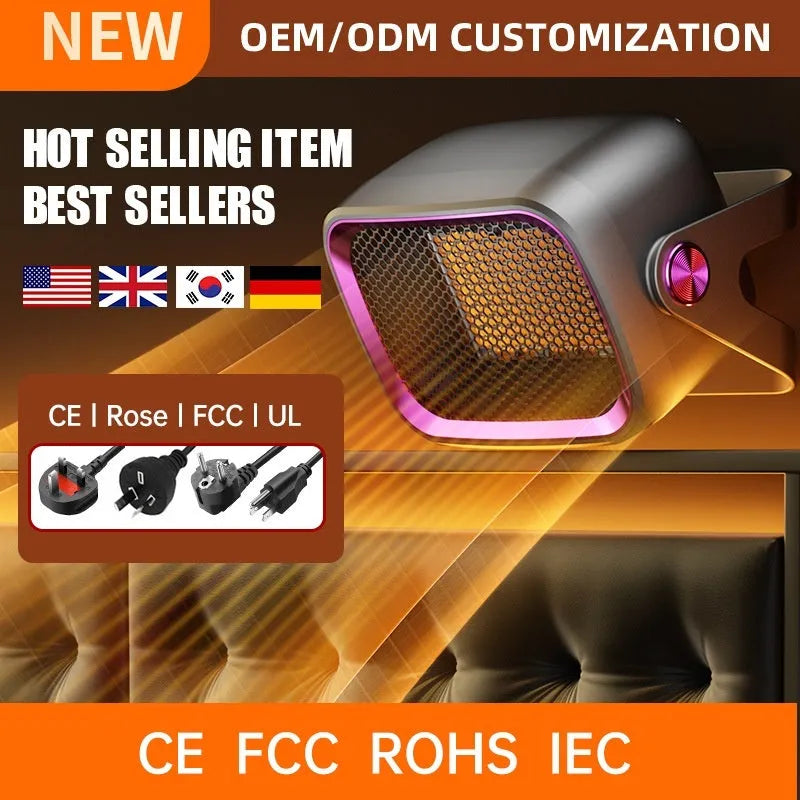 Compact white PTC ceramic desktop electric heater with control buttons and a directional grille.