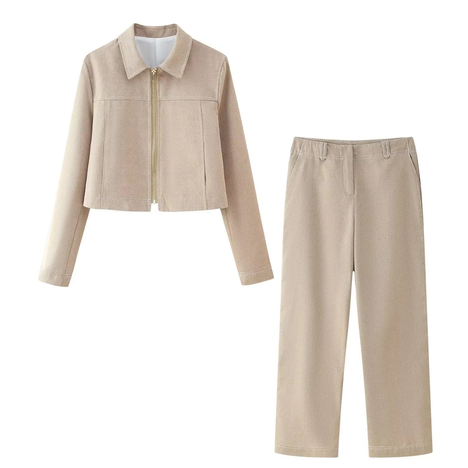 Women's herringbone pattern suit set with 3D embroidery, featuring a long sleeve jacket and straight-leg trousers.