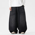 Men's plus size wide leg casual jeans in dark blue denim with straight leg opening