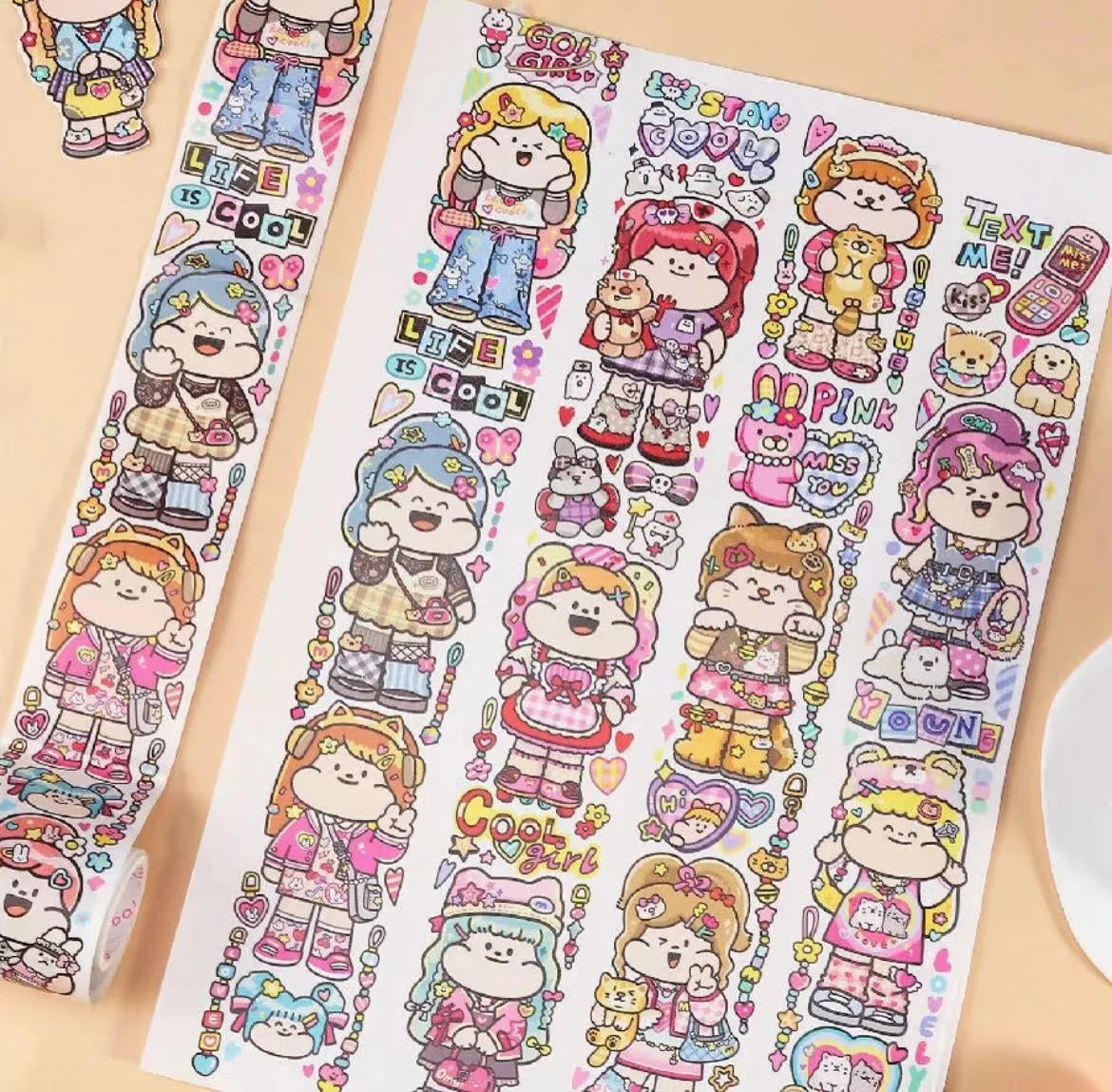 Sheet of cute cartoon character stickers for haemorrhoid tape packaging, printed on Japanese paper.