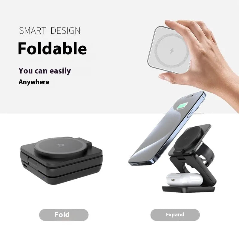 Foldable magnetic wireless charger phone holder in black or white with QC3.0 fast charging