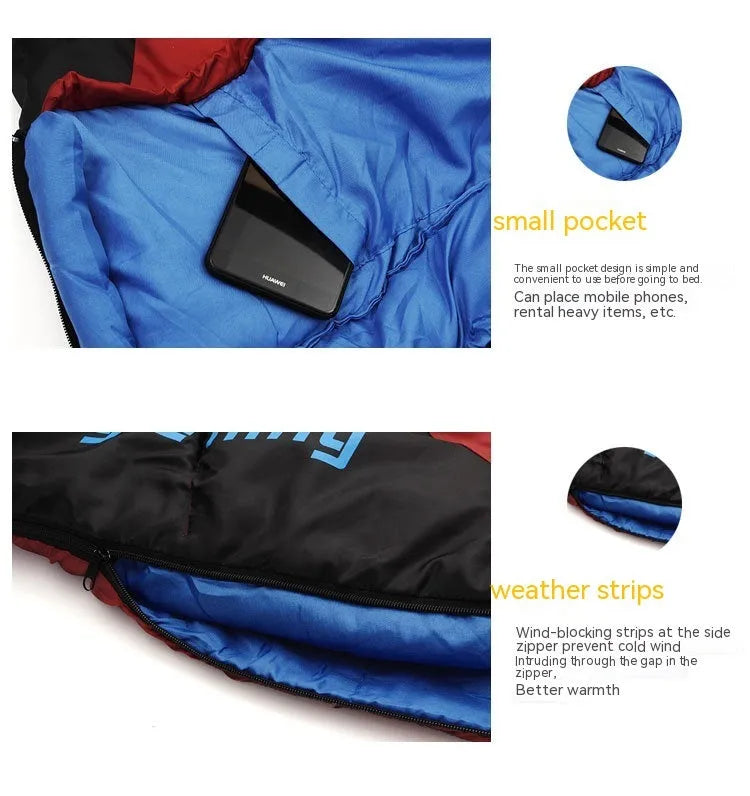 Mummy sleeping bag compressed in storage bag with colour options including army green, brown, red, and yellow