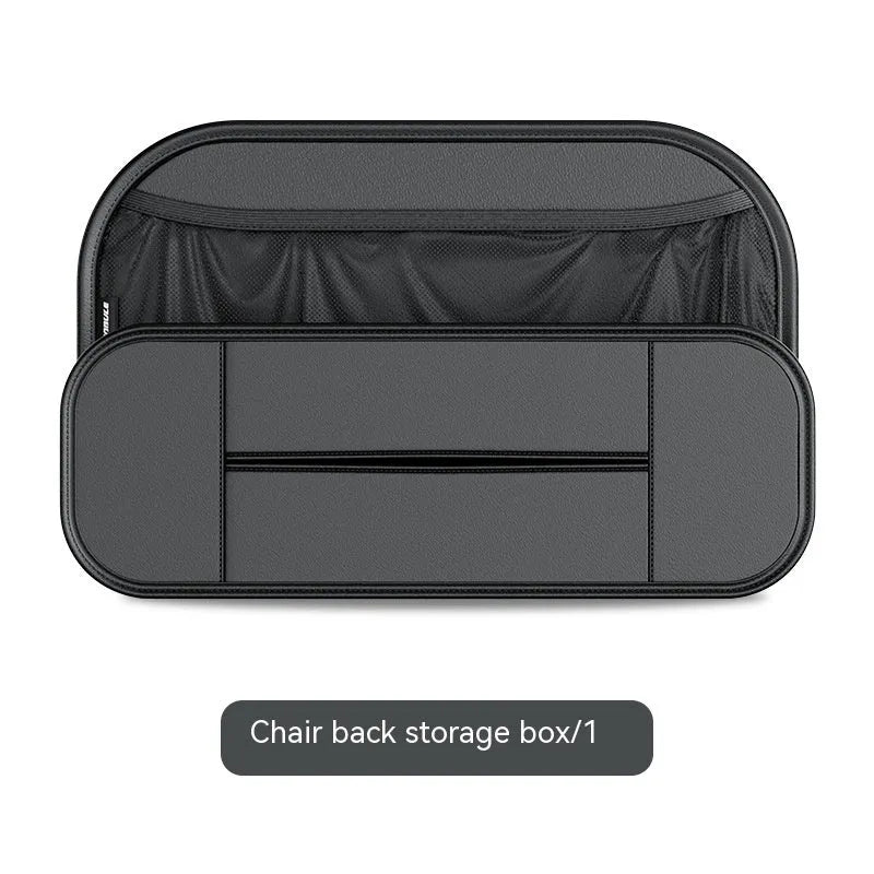 Black leather car seat back storage bag with organisable pockets for vehicle use.