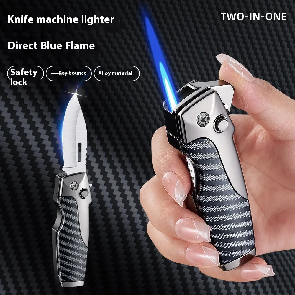 Metal folding outdoor lighter with integrated knife in a zinc alloy case, showing various colour options.