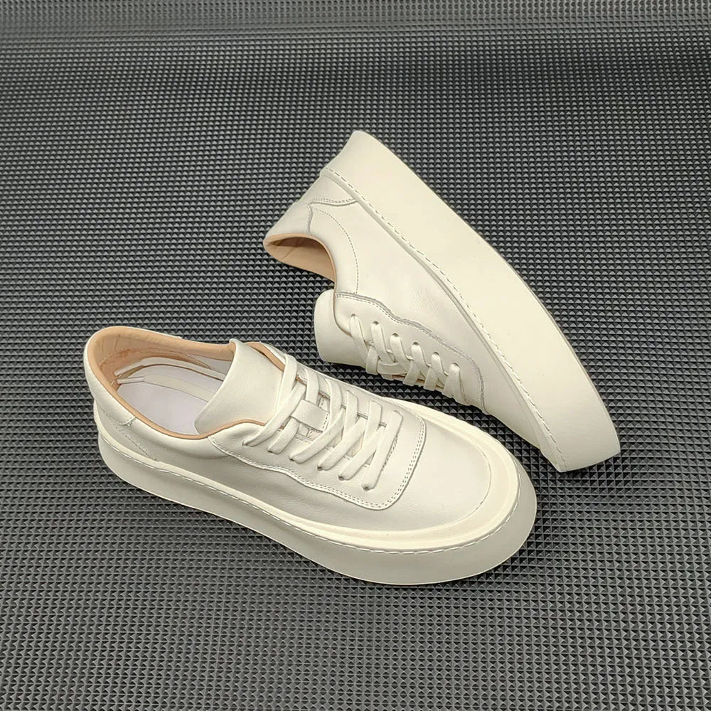 Men's white cowhide platform board shoes with thick rubber sole and round toe design
