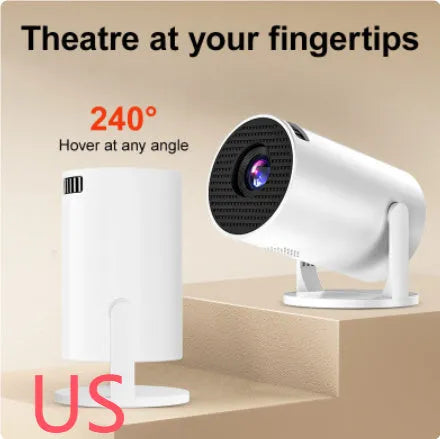 White mini wireless portable HD projector for home use with same-screen feature.