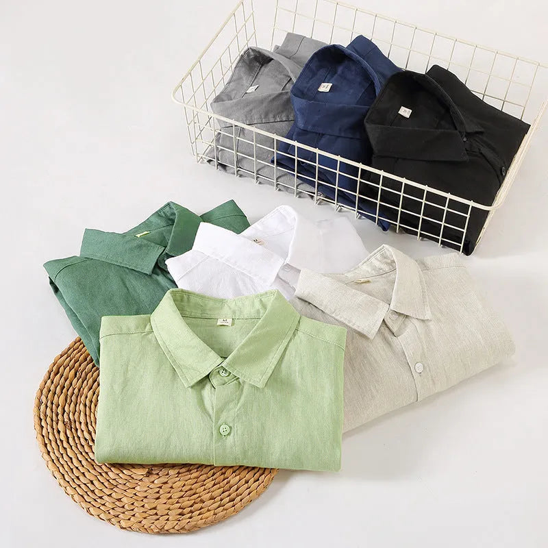 Linen long sleeve loose fit shirt in Chinese cardigan style showing solid colour options