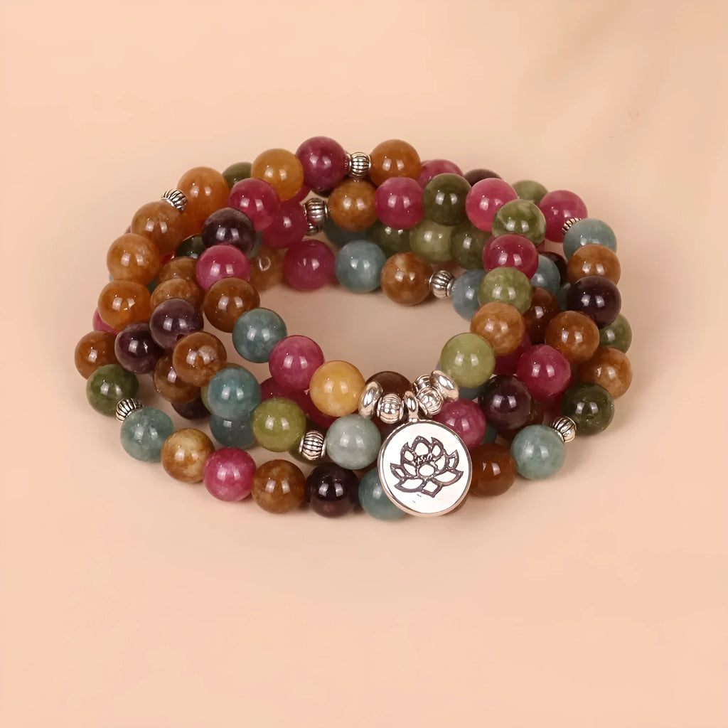 108-bead lotus bracelet with Tourmaline colour in hanging multi-layer design