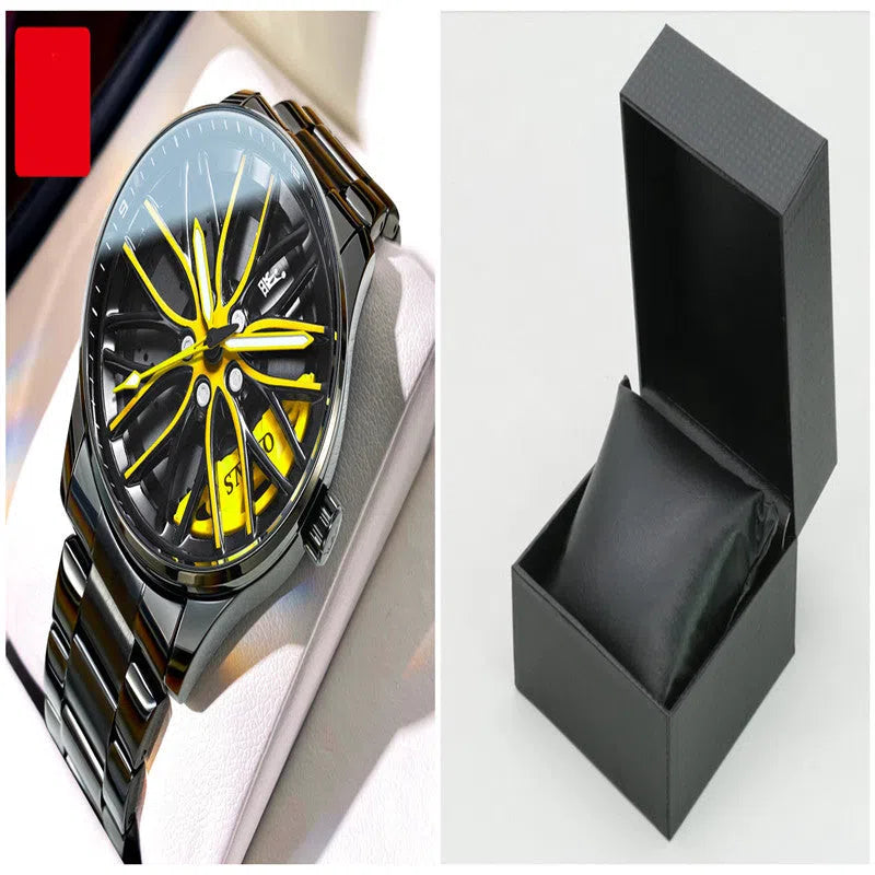 Men's hollowed-out luminous quartz watch with stainless steel strap showing black and red colour variant on a white background