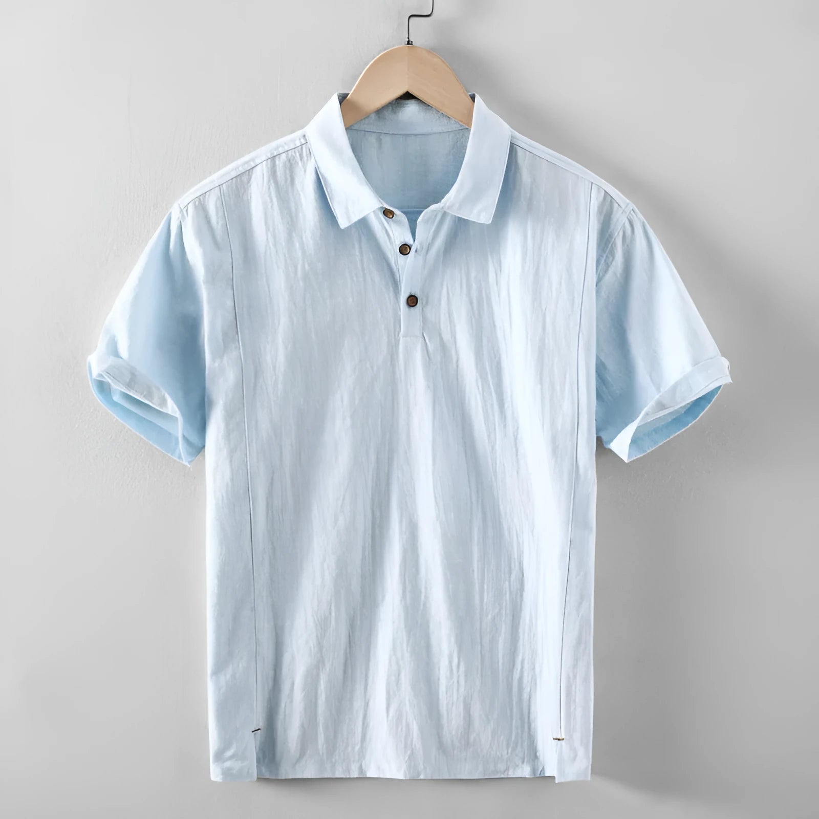 Men's loose fit linen cotton blend casual shirt in solid colours on a hanger.