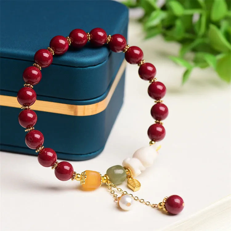 Natural beeswax purple gold sand bracelet with cinnabar rabbit motifs in national style