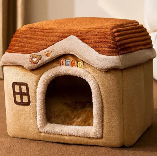 Foldable dog house pet cat bed in cave style with self-warming plush fur and non-slip bottom, available in multiple colours and sizes