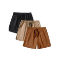 Pack of three men's solid colour drawstring shorts in black, khaki, and light brown on a hanger