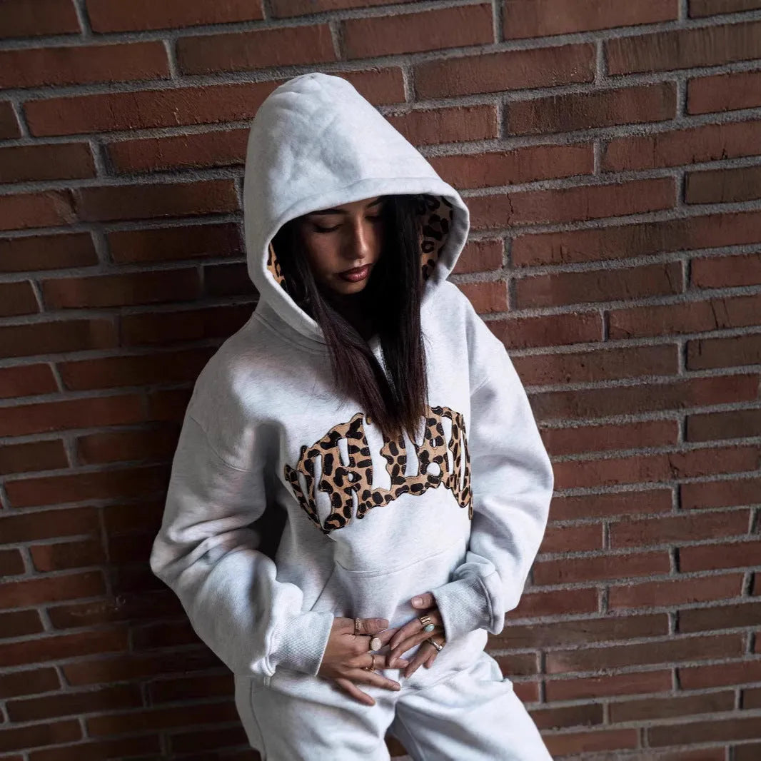 Black or light gray street casual three-piece set with leopard print letter embroidery on hoodie and trousers