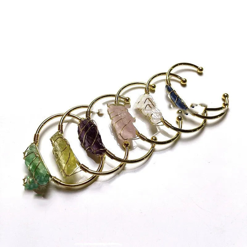 Natural crystal rough stone bracelet with gold wire wrapping in geometric bohemian design