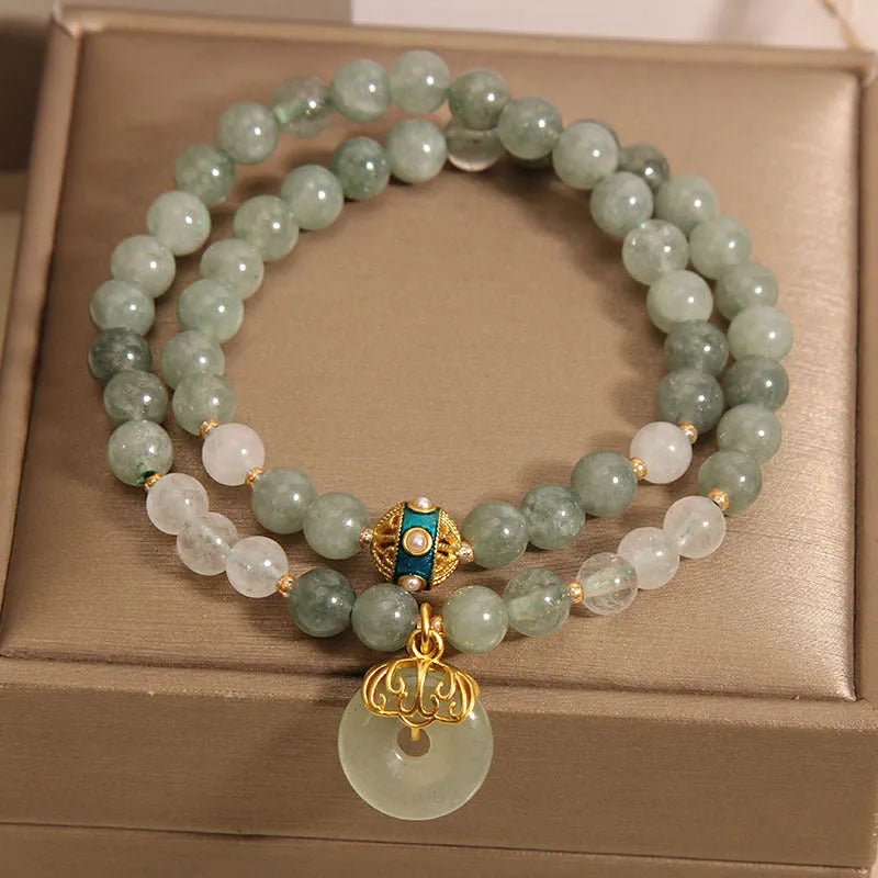 Women's aventurine double-layer jade bracelet with safety buckle closure in emerald green