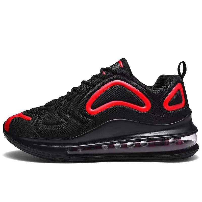 Men's black casual air cushion sneakers with a thick sole and round toe design.
