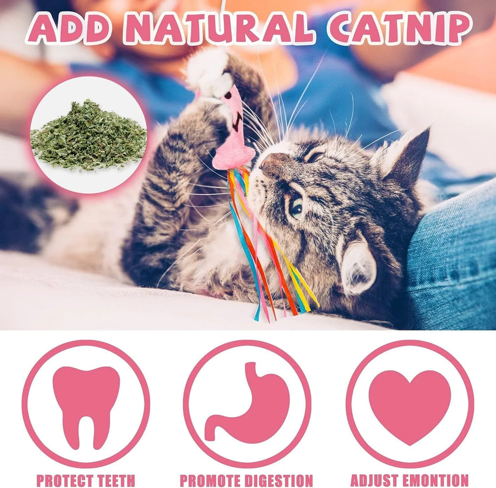 Cat wand toy with wooden handle, colourful ribbons, catnip fish and bell for indoor cat play