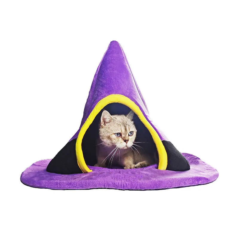 Purple Halloween witch hat shaped cat bed measuring 60x45cm