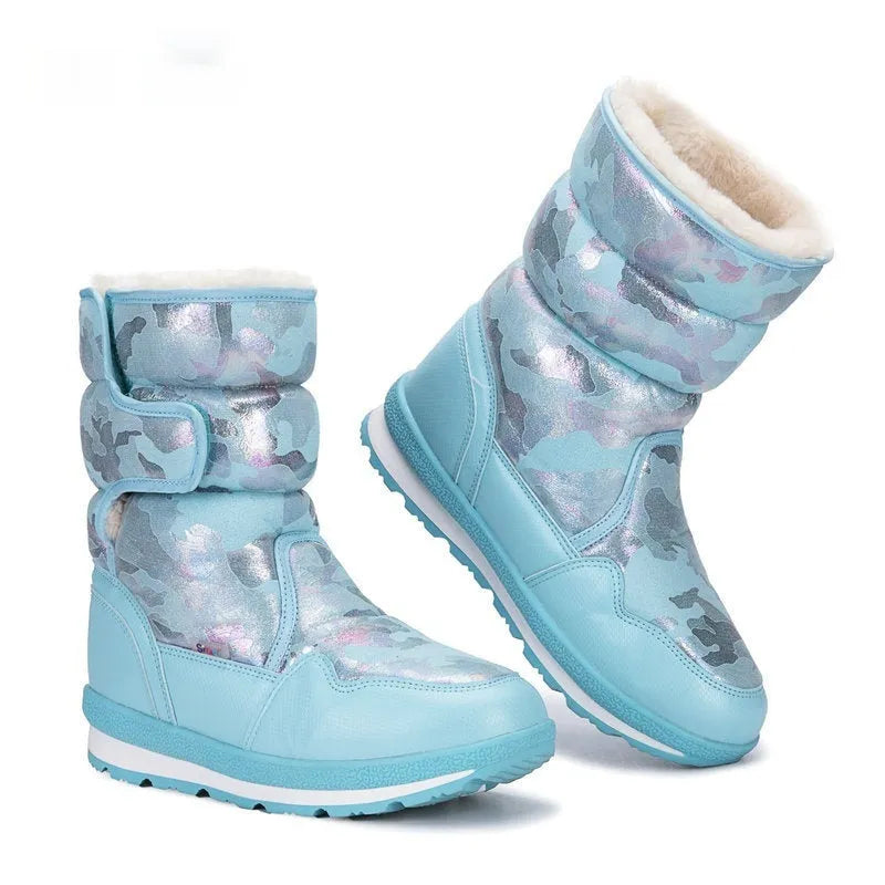 Children's waterproof fleece-lined mid-top snow boots with slip-resistant rubber sole, sizes 25-41, multiple colours
