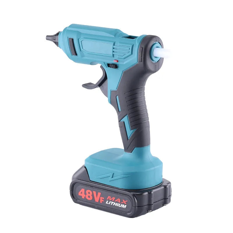 Cordless lithium hot melt glue gun with two batteries and 11mm glue sticks