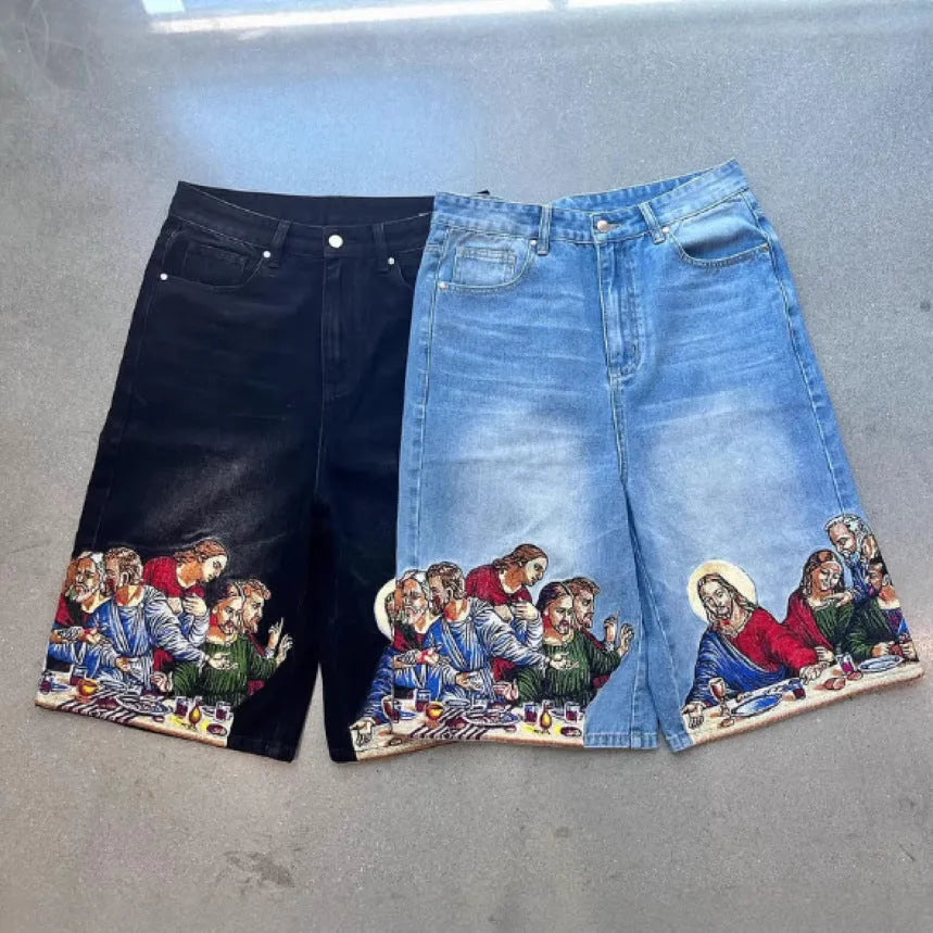 Blue men's tapered cotton shorts with a Jesus print on the back pocket.
