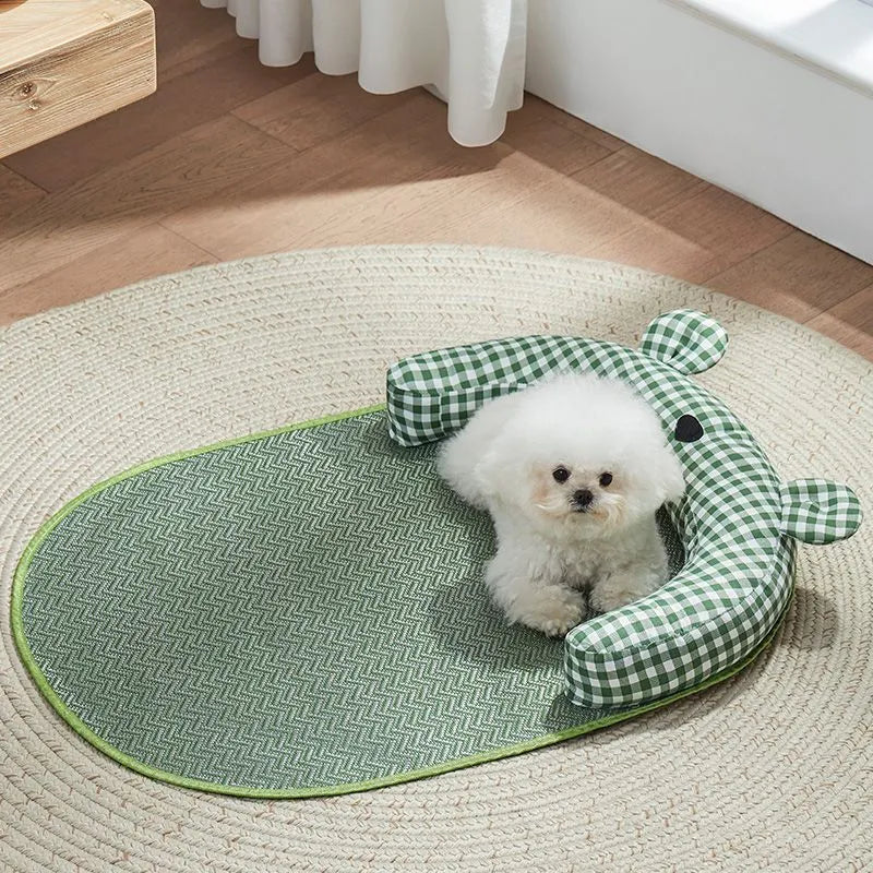 Four season pet bed mat with cooling ice pad in green colour, showing size comparison for small to extra large dogs and cats