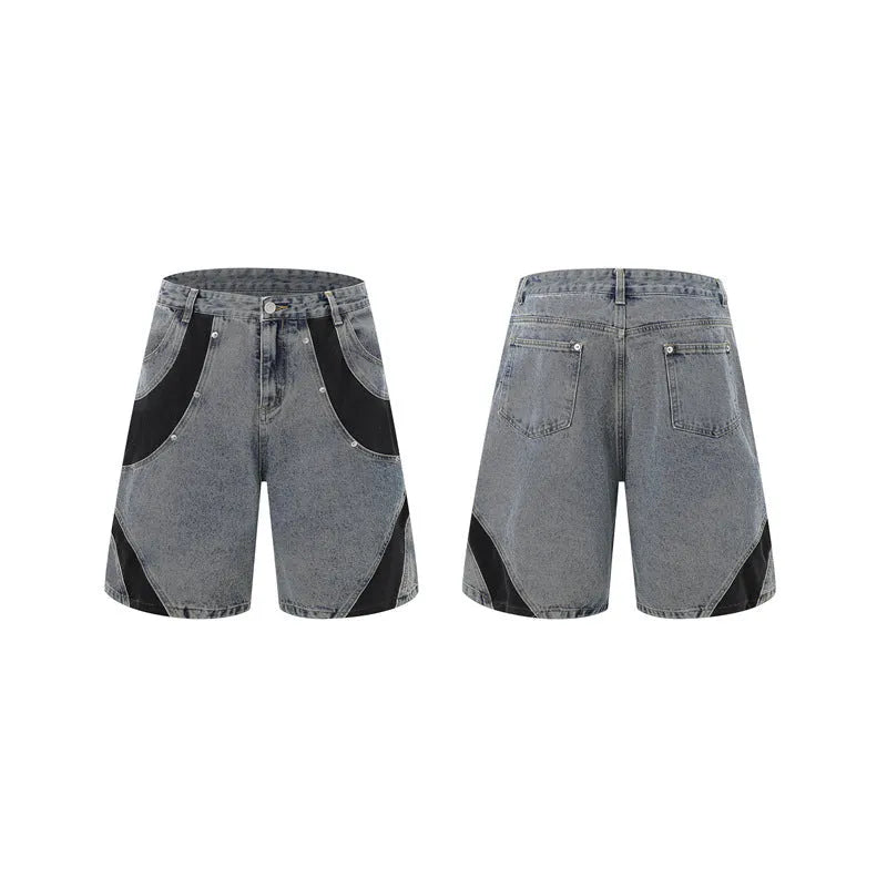 Retro washed denim short-sleeve jacket and trouser suit in black or blue set