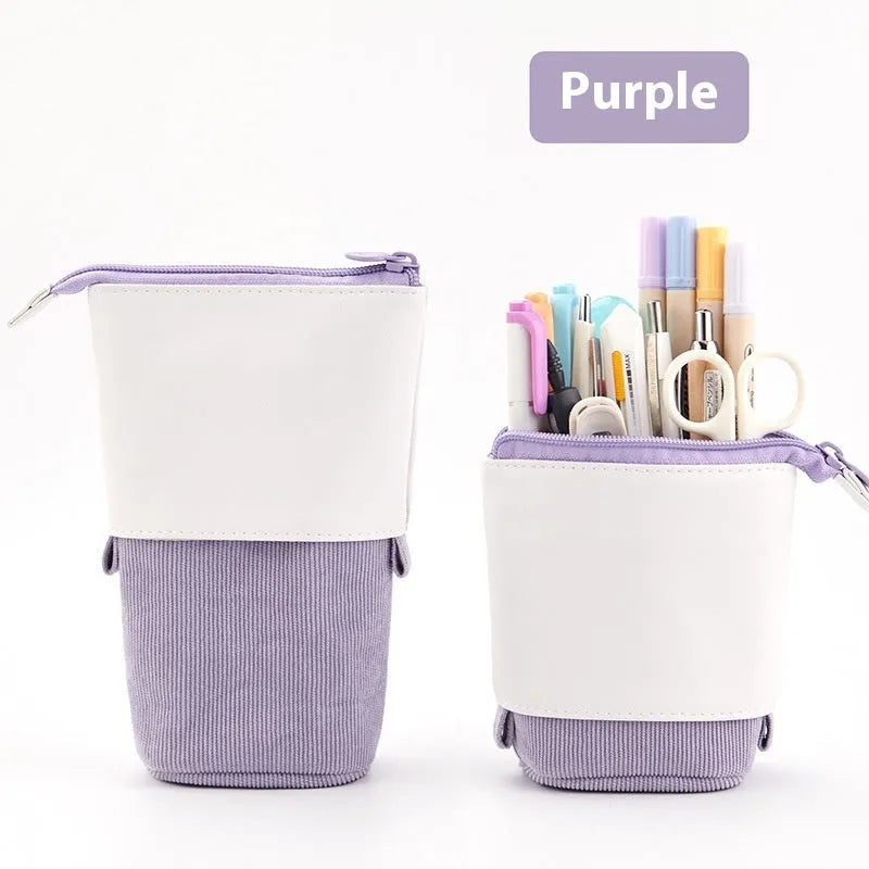 Corduroy stationery case with telescopic drop-down design in six colour options